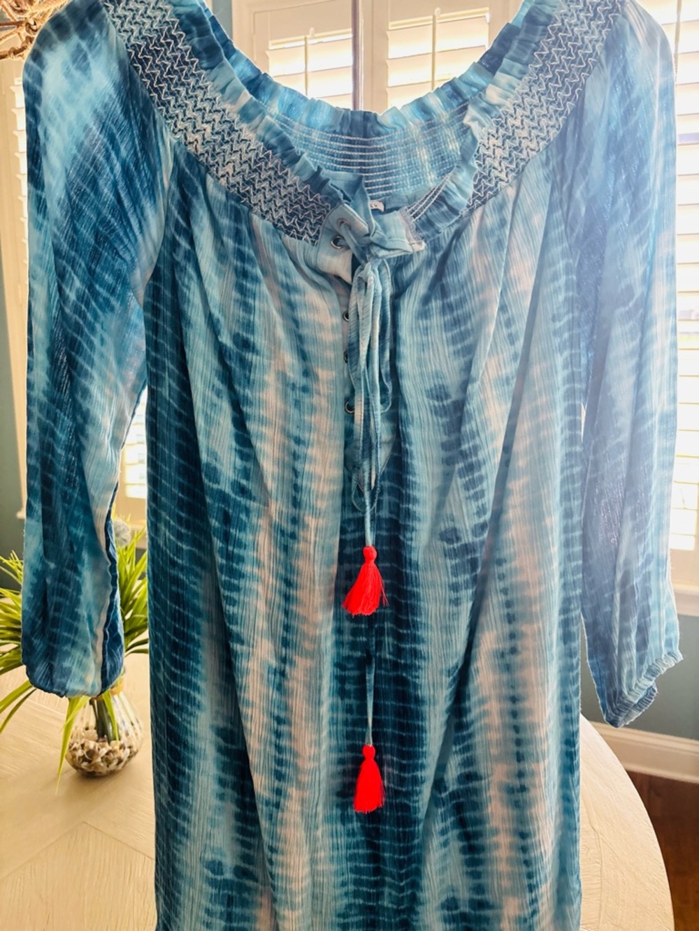 Blue Tie-Dye Peasant Dress with Tassel Tie